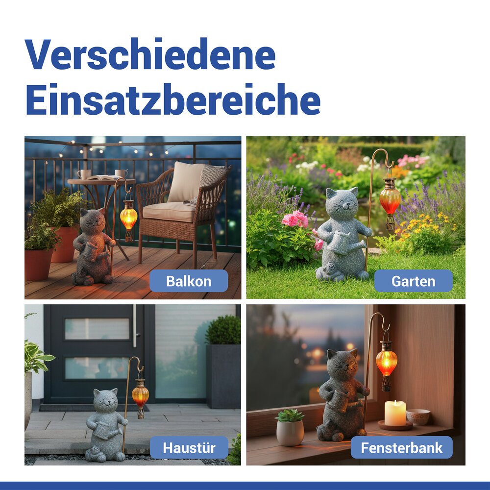 Gartenfigur Katze mit LED-Heißluftballon  dekorative, solarbetriebene Gartenleuchte
