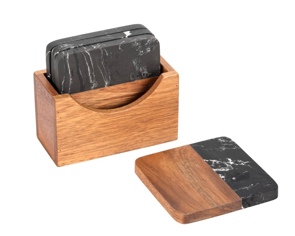 Untersetzer Mod. ATAMI, schwarz/natur, Marmor/Akazienholz, 10x10x1 cm Inklusive Halterung aus Akazie Untersetzer Mod. ATAMI, schwarz/natur, Marmor/Akazienholz, 10x10x1 cm Inklusive Halterung aus Akazie