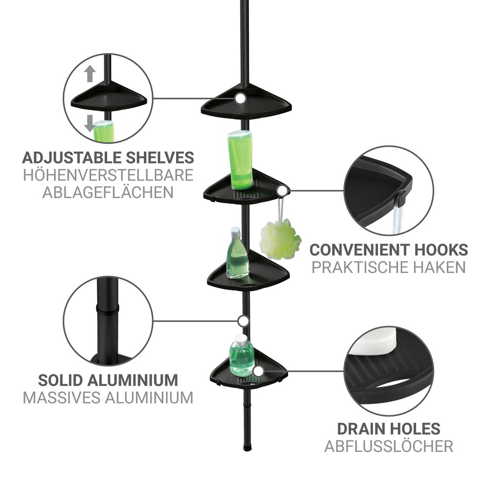 Coin douche Mod. Compact, noir, aluminium, 26x78-275x19,5 cm  montage facile sans percer