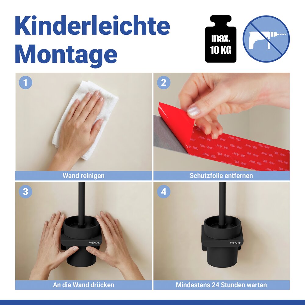 Turbo-Loc® WC-Garnitur Mod. Lizan Schwarz  mit Silikon-Bürstenkopf, Befestigen ohne Bohren