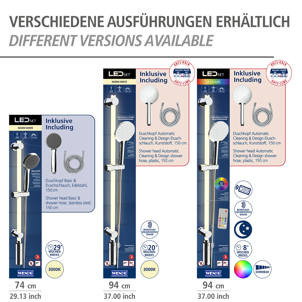 LED Duschstange, 94 cm, RGB-Farbwechsel & Warmweiß  beleuchtete Brausestange