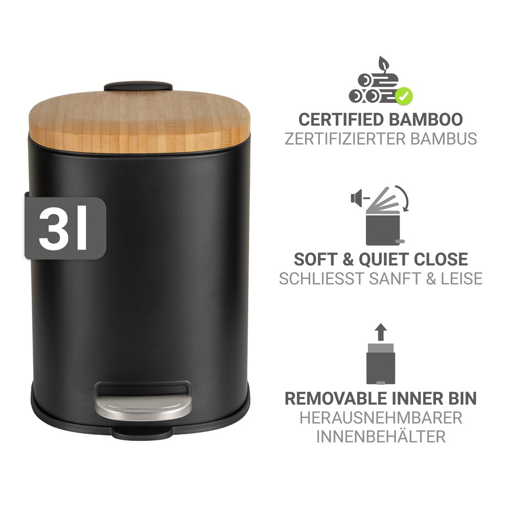 Poubelle à pédale Mod. Fianema, noir, métal/bambou, 3L, Easy-Close  récipient intérieur amovible