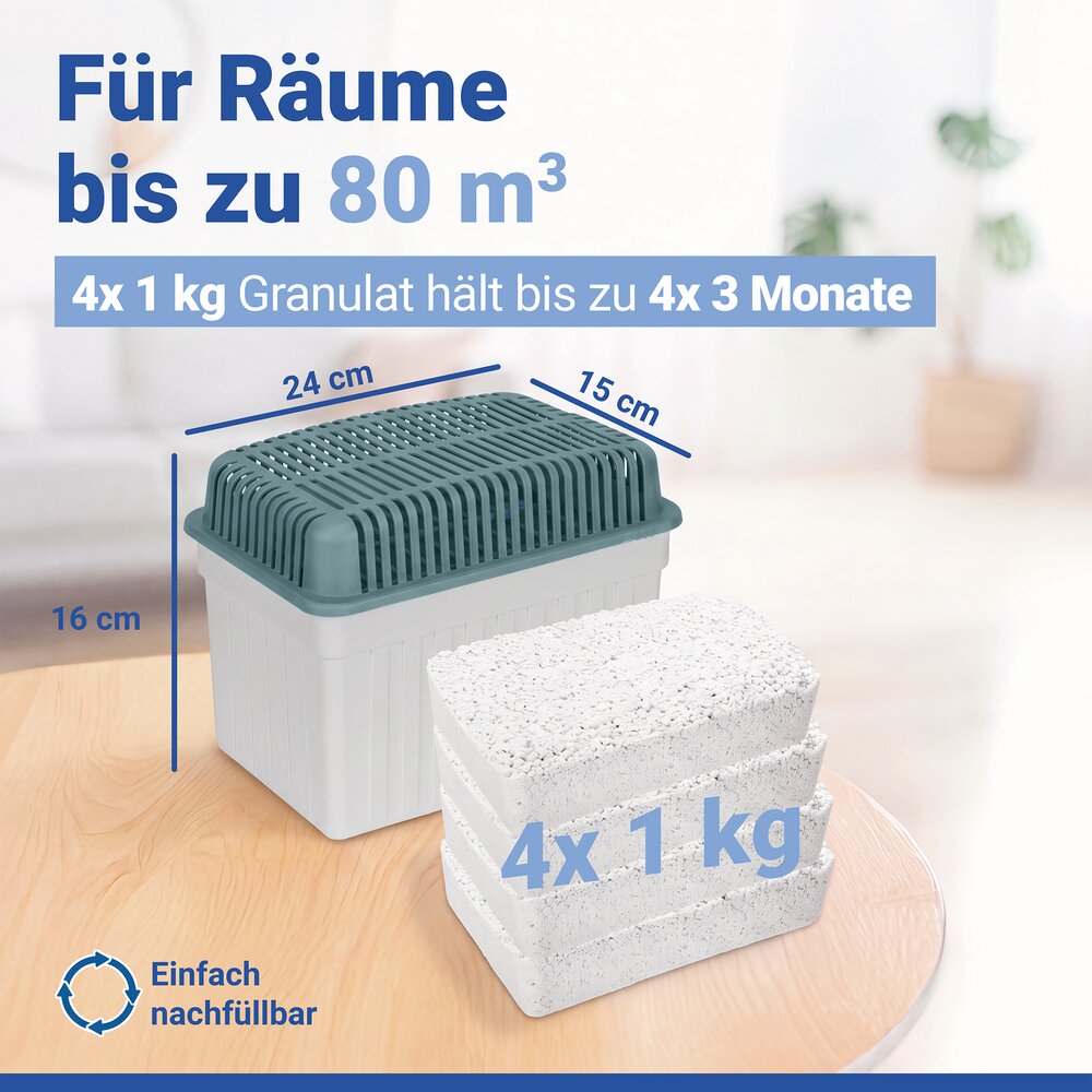 Luftentfeuchter 1 kg Grau, inkl. 3 Nachfüller  für Räume bis 80 m³