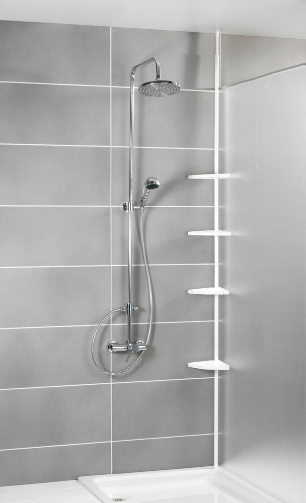 WENKO Étagère de douche télescopique, 4 paniers de rangement,  Easy blanc, aluminium  4 tablettes