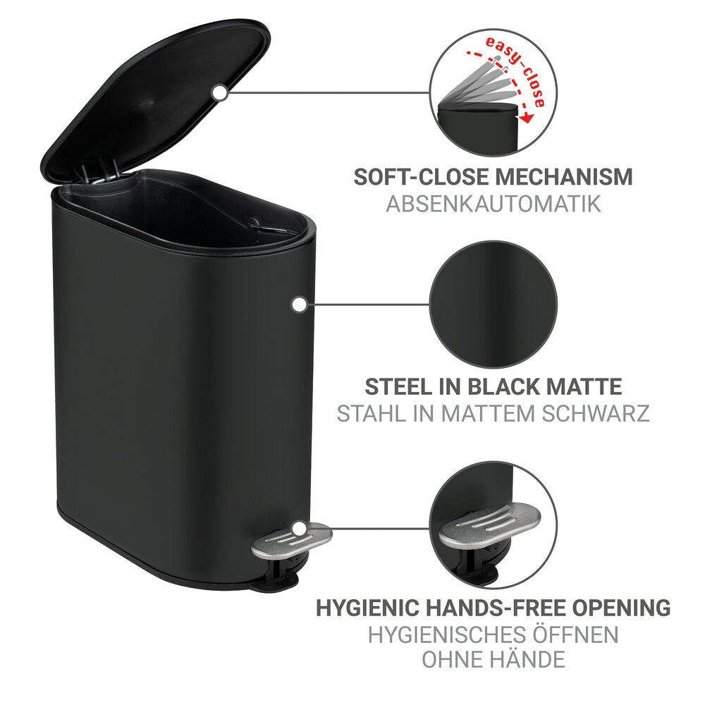 Pedaalemmer Mod. Collungo, 5L, zwart, metaal, 14x28.5x29.5 cm