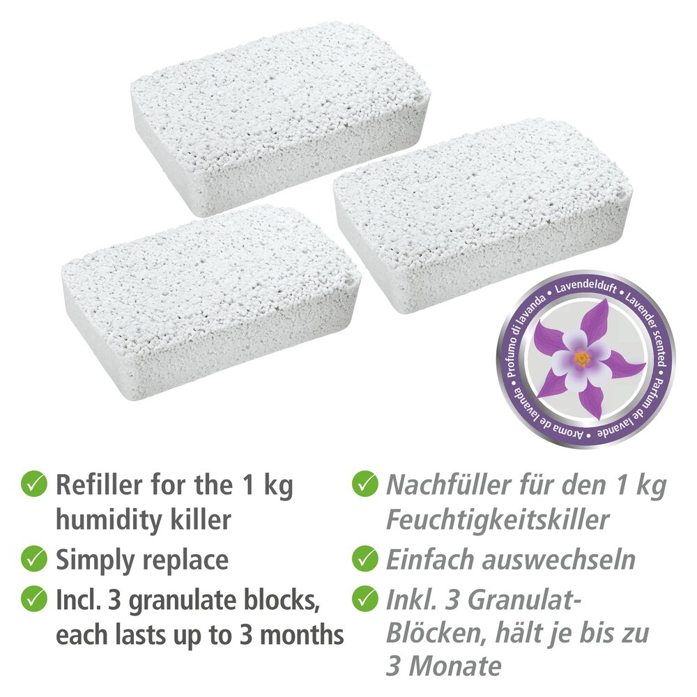 navulpak luchtontvochtiger, wit, 3 x 1 kg, lavendelgeur, 12x5x17 cm