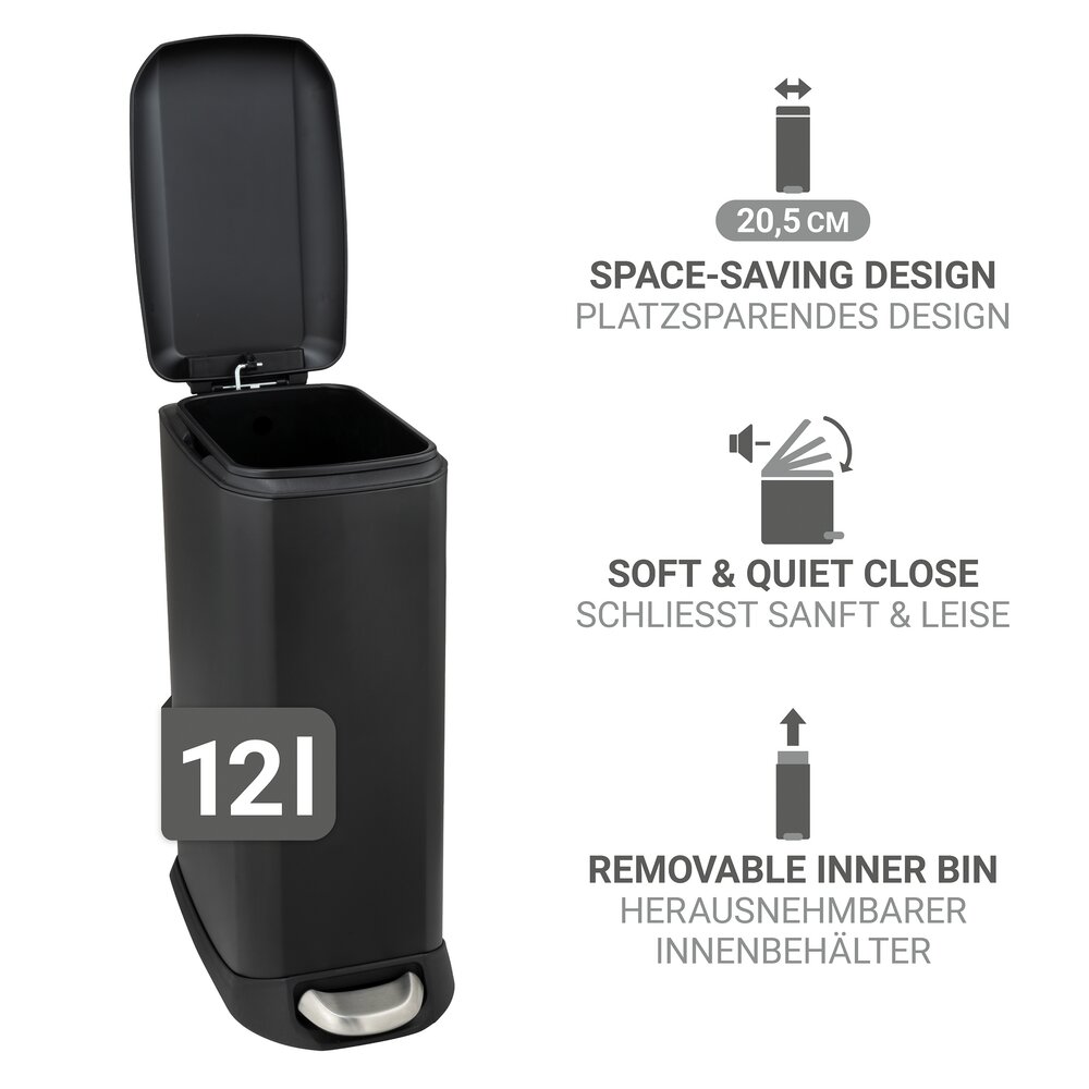 Treteimer Mod. Design 12 L, Easy-Close, Schwarz  mit herausnehmbarem Einsatz