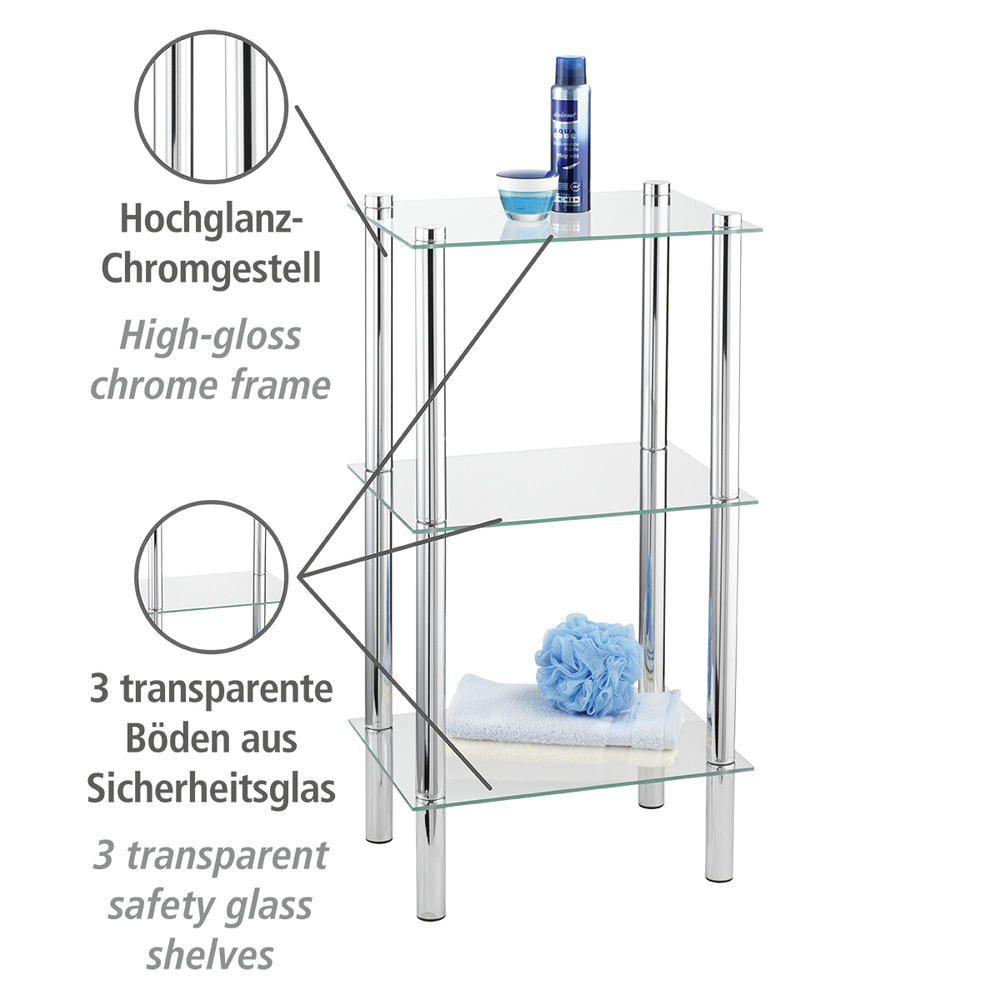 Regal Mod. Yago viereckig mit 3 Glasablagen  aus Edelstahl und Sicherheitsglas