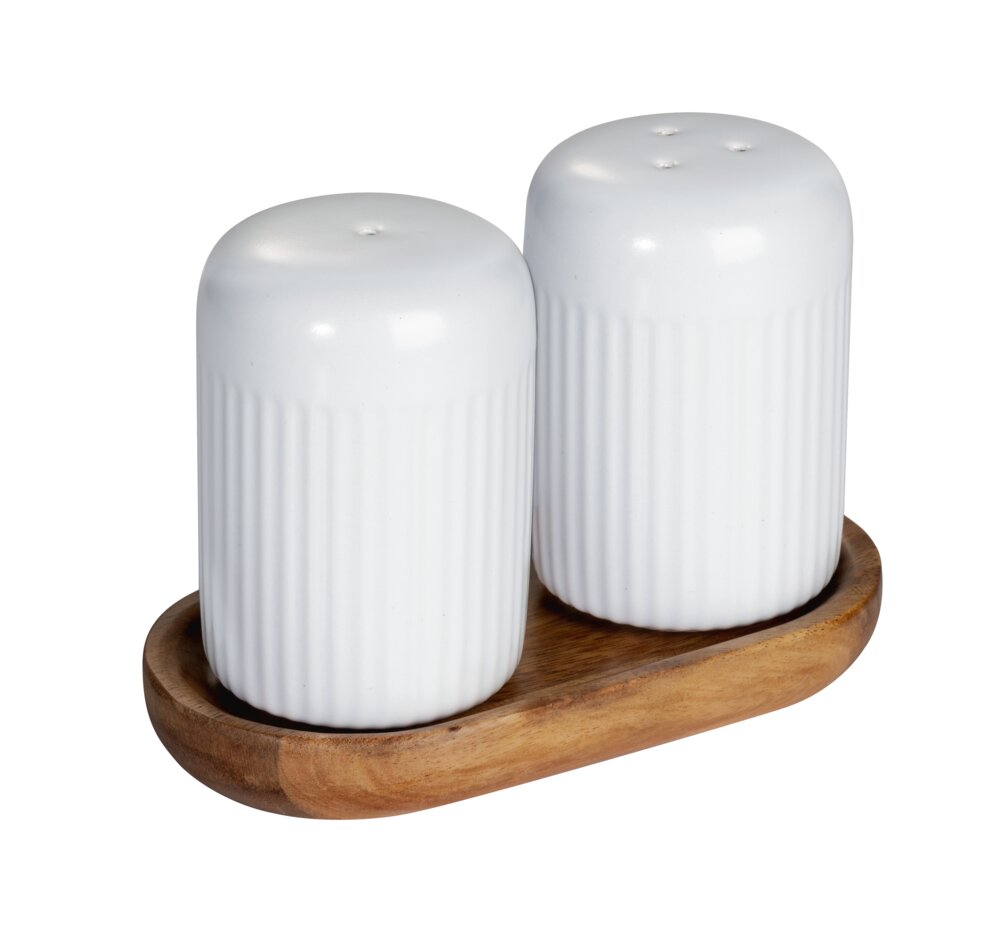 Salière et poivrière Mod. Refia, blanc, céramique, bois d'acacia, 75ml  avec plateau en acacia FSC