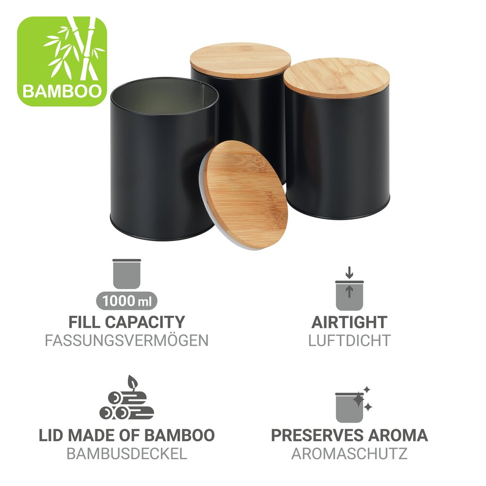 Set boîtes à pain, noir, métal, couvercle bambou, 32,5x21x15 cm  avec couvercles hermétiques en bambou