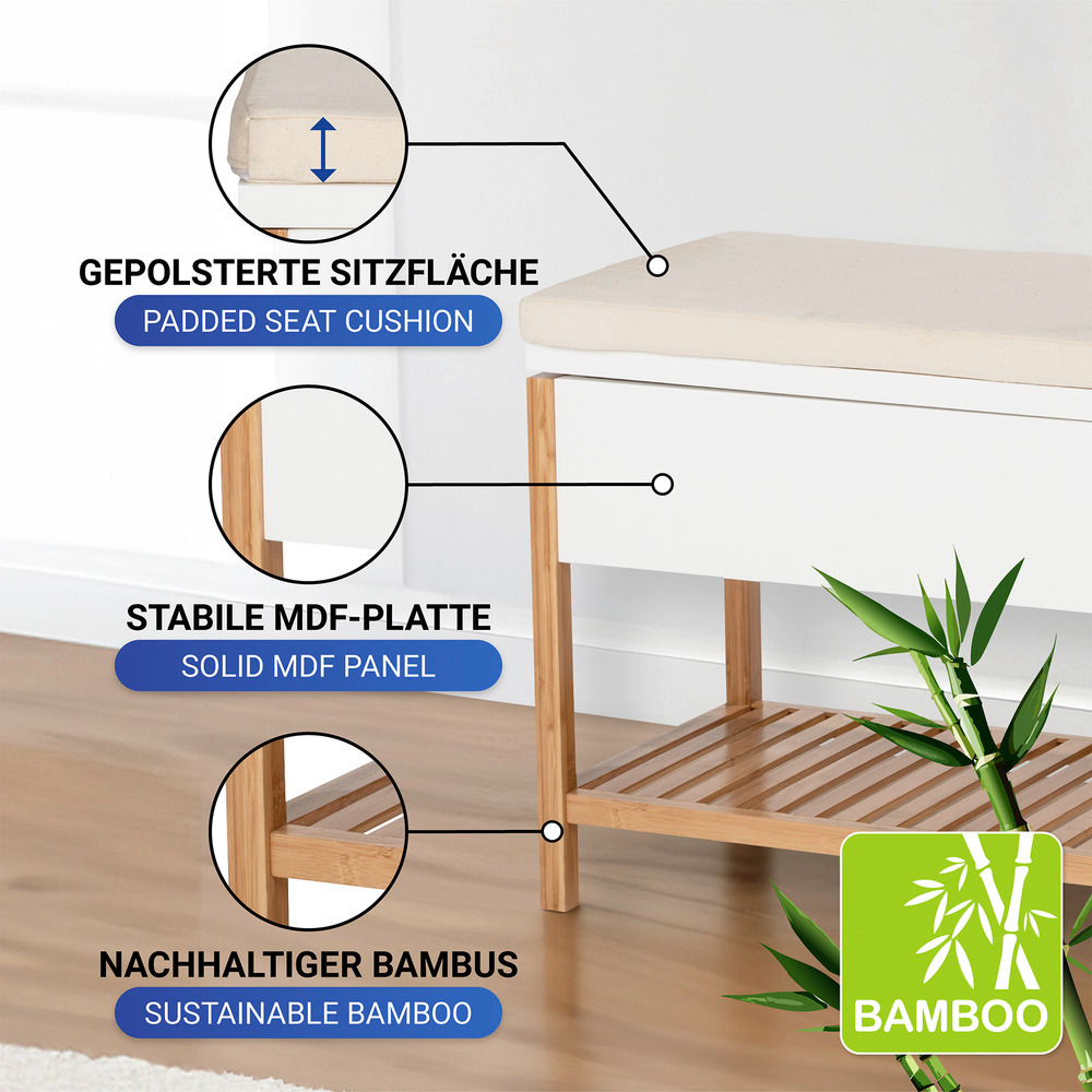 Schuhbank mit Staufach Mod. Finja  aus Bambus/MDF