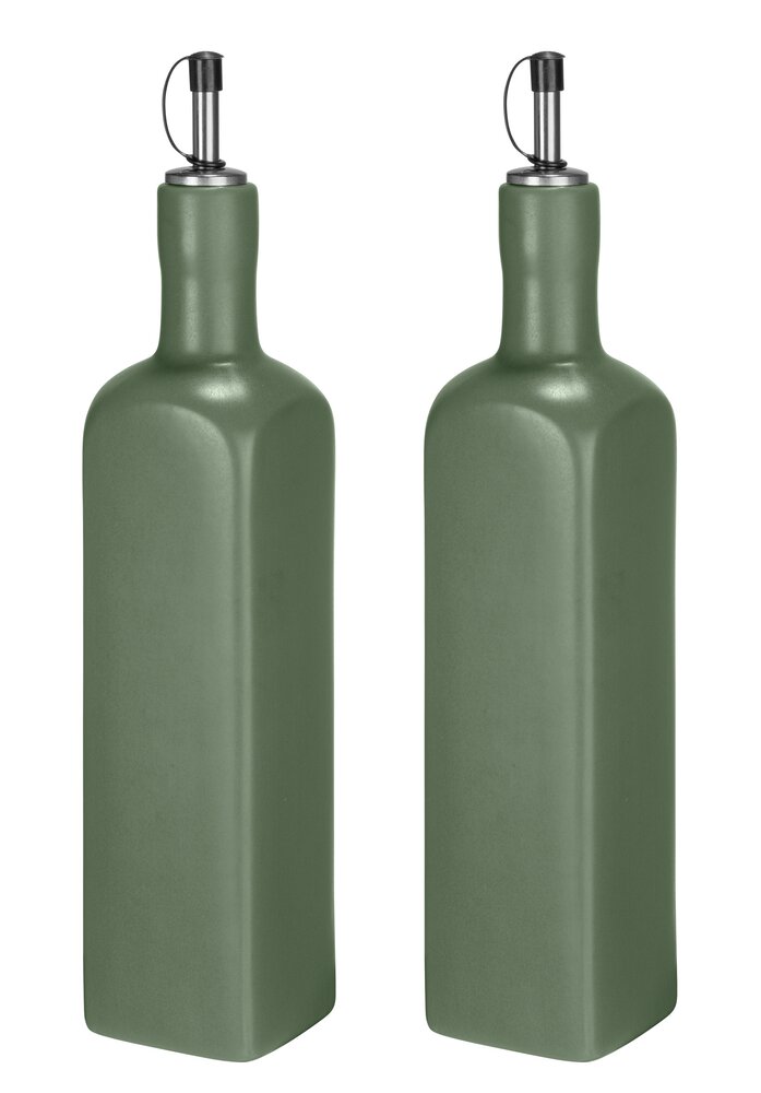Öl- und Essigspender Mod. OLIVIA, grün, Keramik, 0.6L, 2er Set spülmaschinenfest, edelstahl ausguss