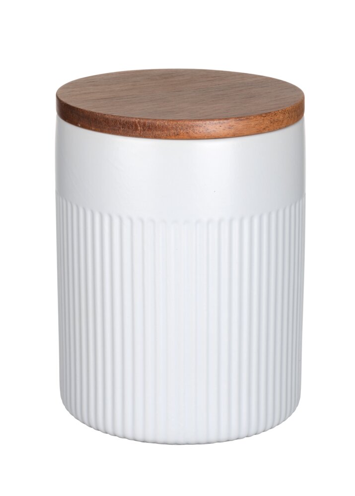 Opbergpot Mod. Refia, wit, keramiek, acaciahout, 1,1 l, Ø12x15,5 cm