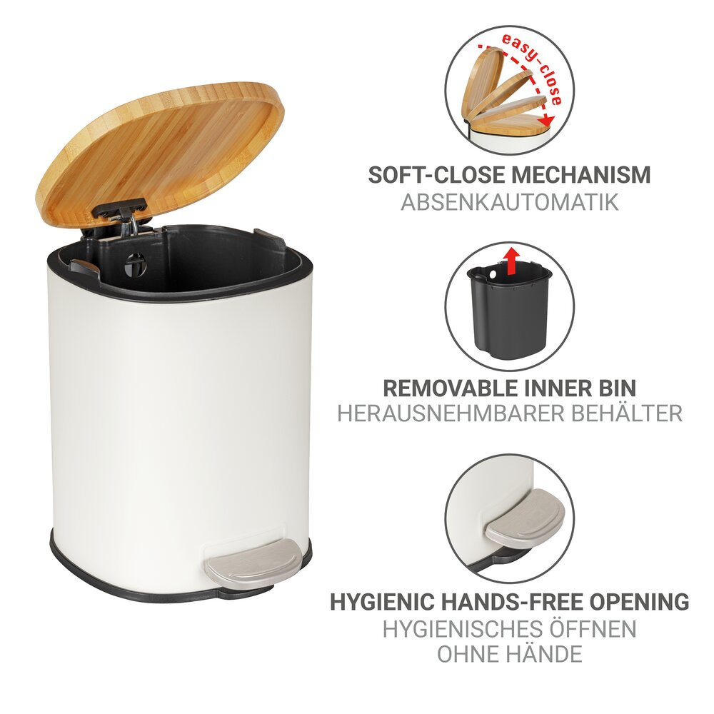 Pedaalemmer Mod. Fianema, wit, 3L, metaal/bamboe, Easy-Close