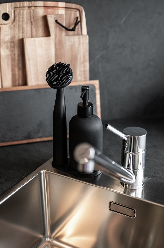 Set de rinçage Mod. Piedo, noir, verre et plastique, 12x9x25 cm  brosse durable et élégante