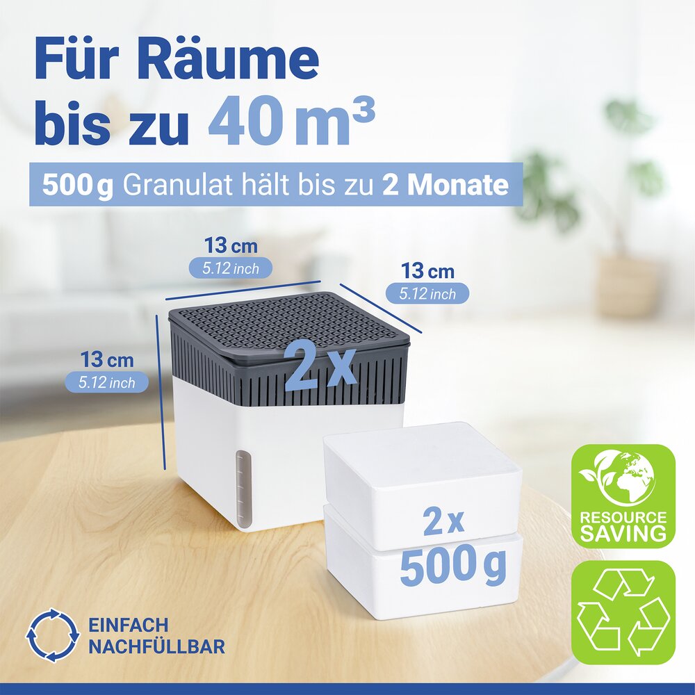 Raumentfeuchter Mod. Cube Weiß 500 g, 2er Set  beugt Schimmel und Gerüchen vor