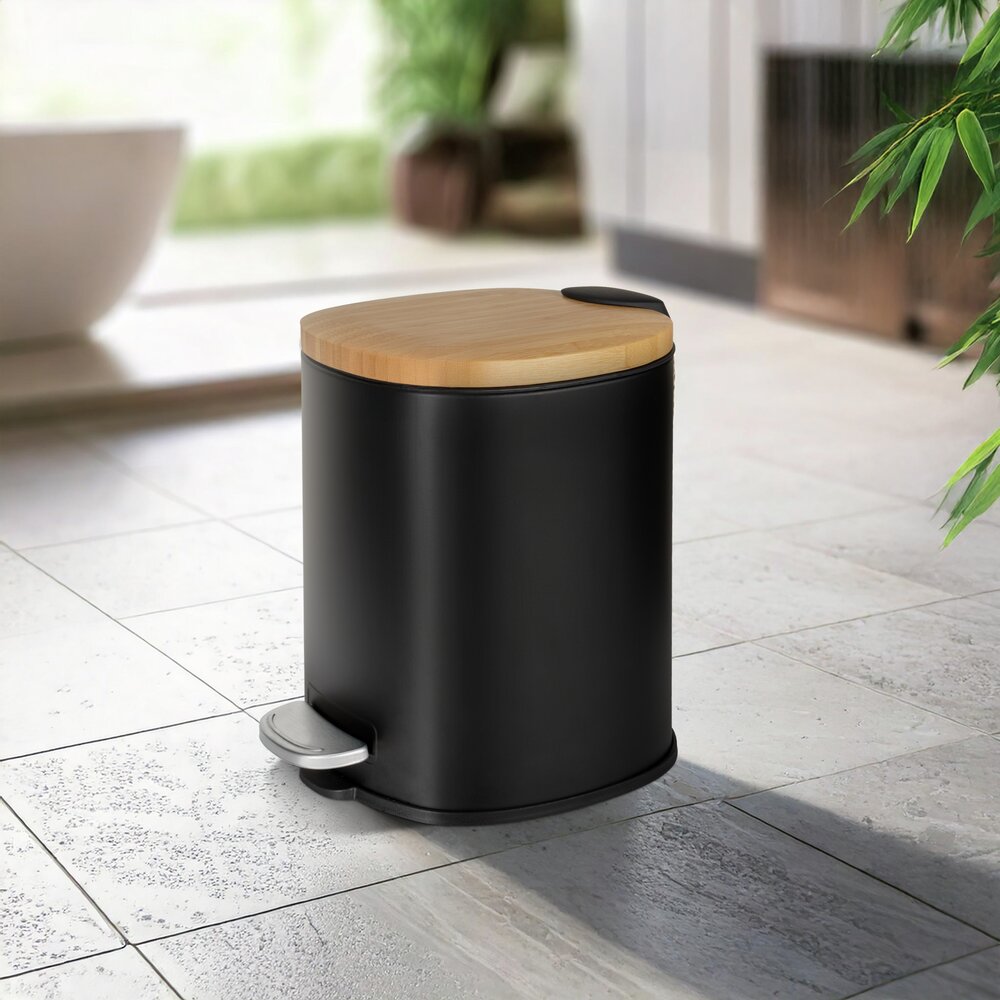 Poubelle à pédale Mod. Fianema, noir, métal/bambou, 3L, Easy-Close  récipient intérieur amovible