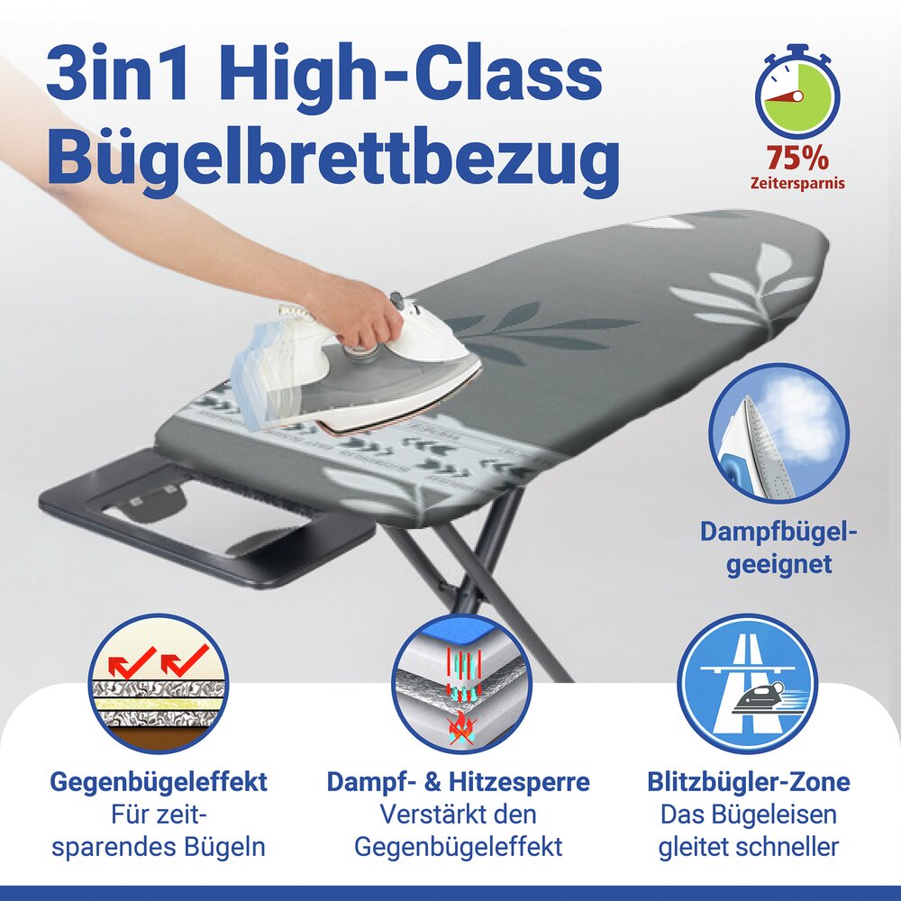 Bügelbrettbezug Mod. Premium Blitzbügler S/M  passend bis 125 x 45 cm, bis zu 75 % Zeitersparnis