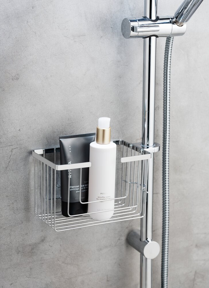 Panier pour barre de douche Mod. Valognes, Chromé, acier inoxydable, 20 x 12 x 13 cm  inoxydable, montage simple sans perçage
