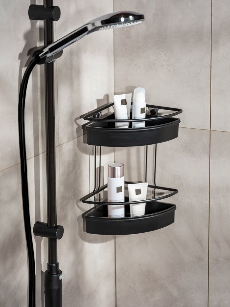 Eckregal 2 Etagen Mod. Molinella Schwarz  Extra tiefe Körbe für Shampoo- und Duschgelflaschen