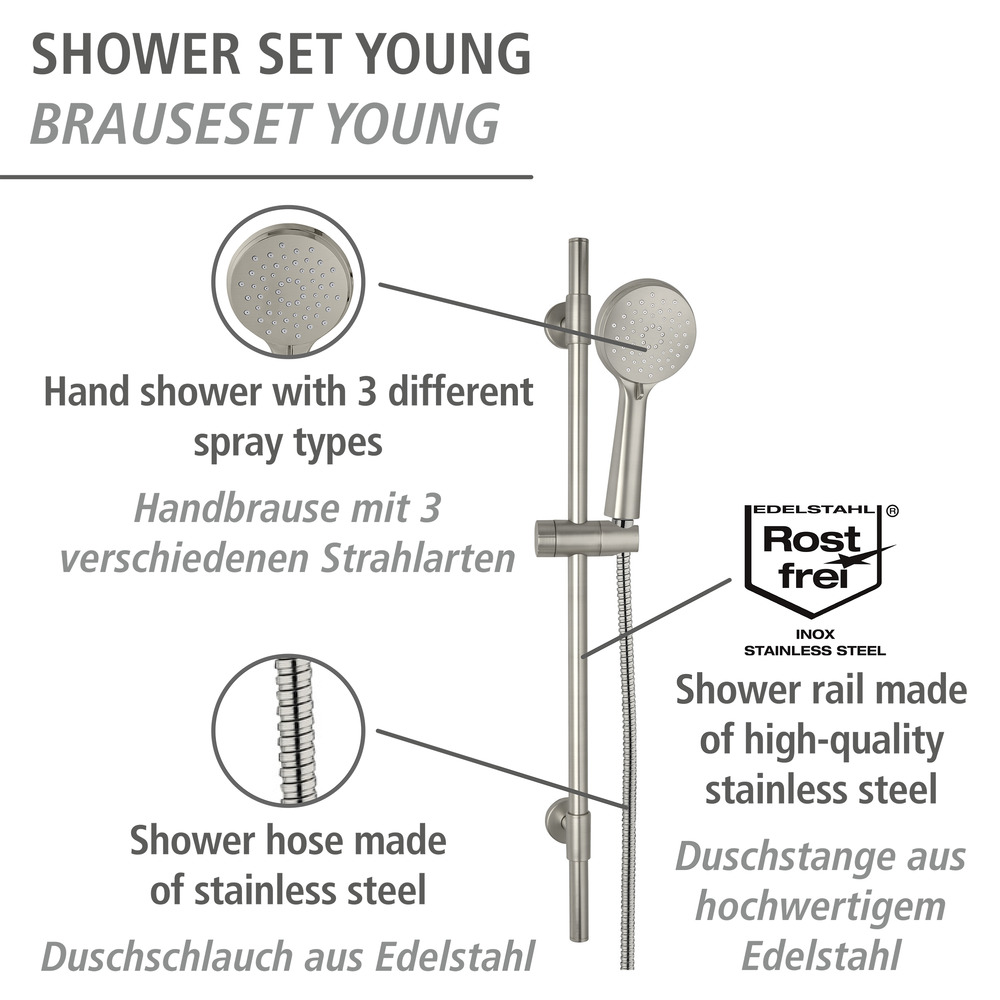 Brauseset Young Edelstahl gebürstet  Länge Stange: 66 cm