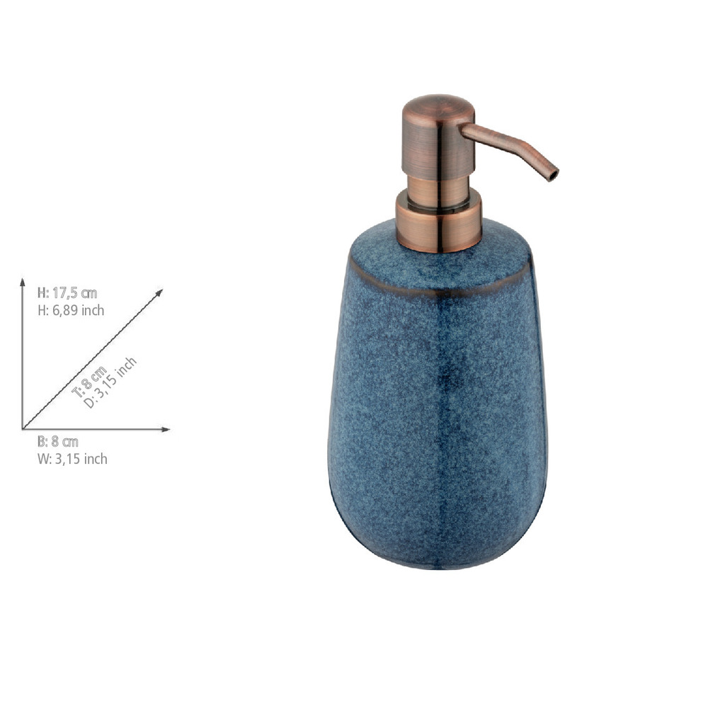 Seifenspender Mod. Sirmione, blau/kupfer, Keramik/Kunststoff, 0.43l, Ø8x17.5cm  mit Kupferakzenten, elegantes Design