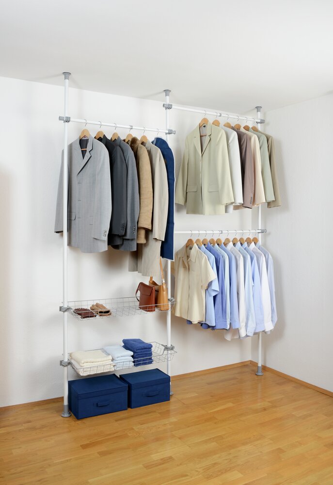 Système de penderie télescopique Hercules Duo  avec 3 tringles à vêtements et 2 paniers de rangement