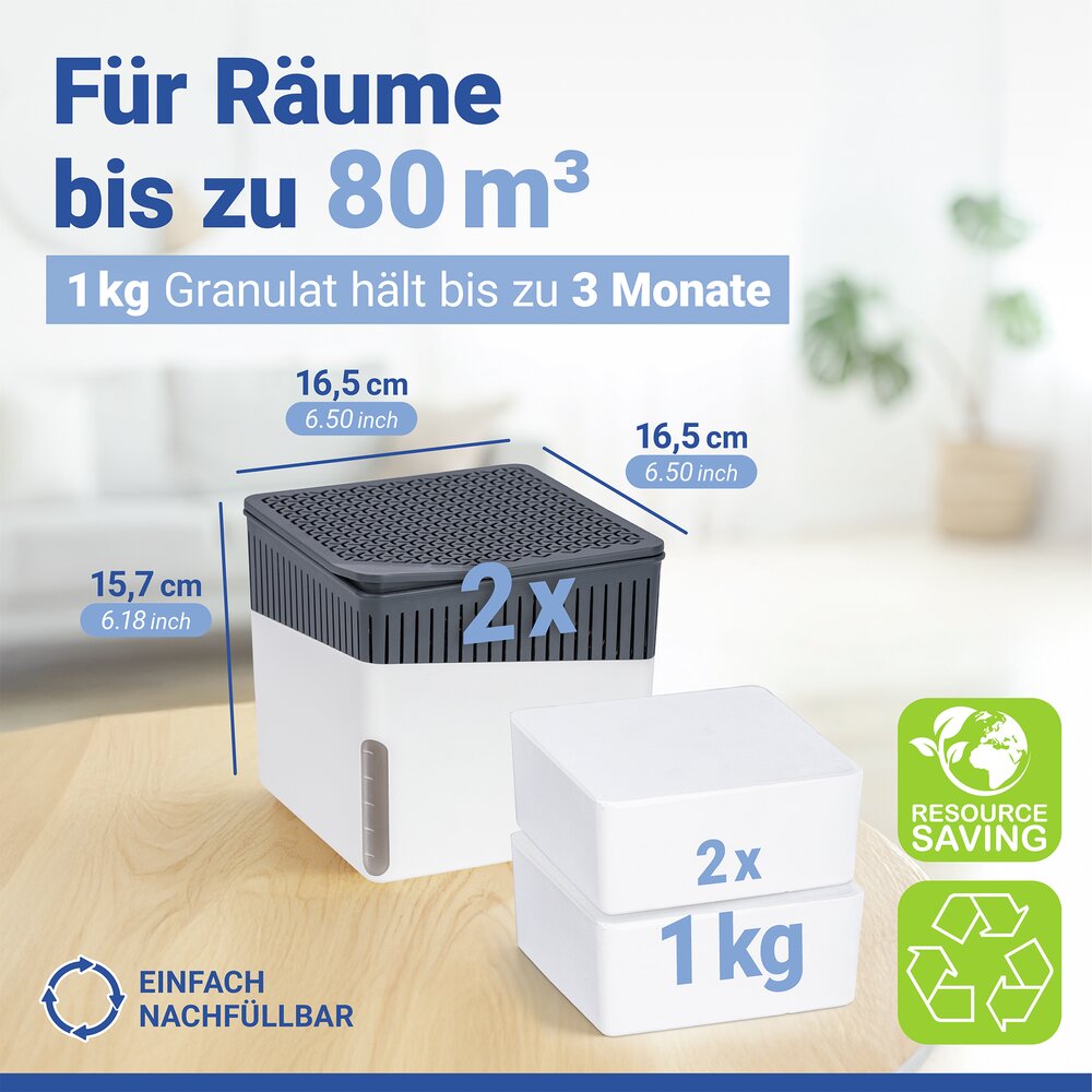 Raumentfeuchter Mod. Cube Weiß 1000 g, 2er Set  beugt Schimmel und Gerüchen vor