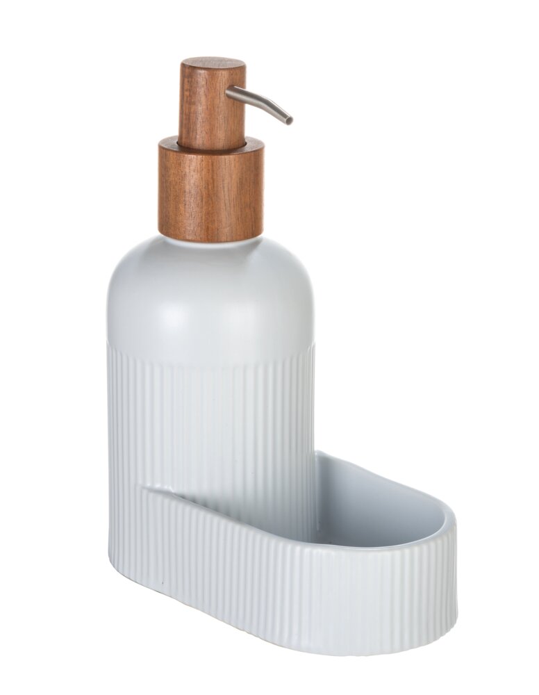 Seifenspender Mod. REFIA, weiß, Akazienholz, 0,4 l, 16x19x8 cm  mit natürlichem Akazienholz-Akzent