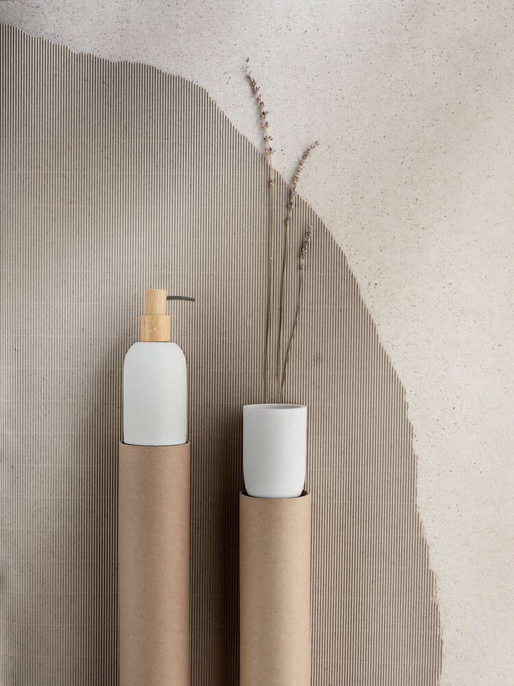 Bad-Accessoire Set Mod. Altavalle, weiß, polyresin, bambus, Ø8,5x18,5 cm  natürliche bambuselemente