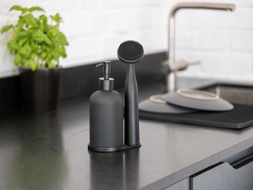 Set de rinçage Mod. Piedo, noir, verre et plastique, 12x9x25 cm  brosse durable et élégante