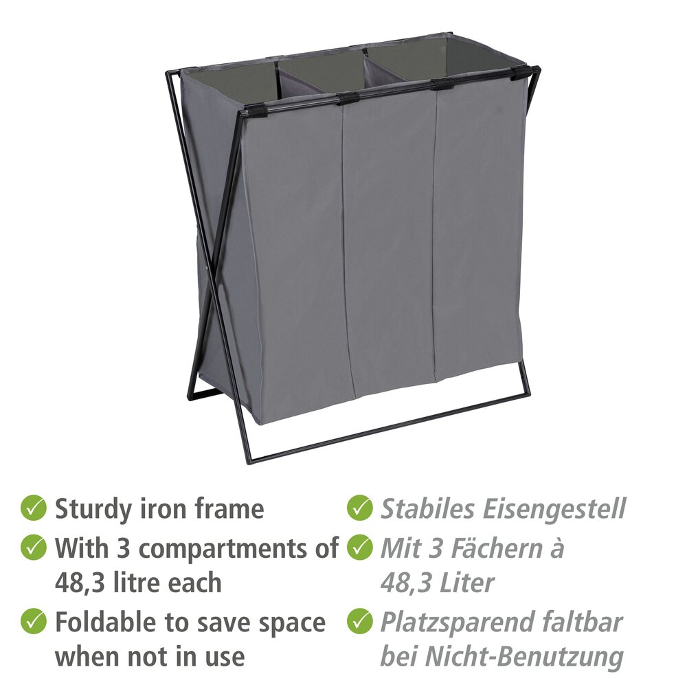 Wäschesammler Mod. Trio XL Grau  mit drei Fächern