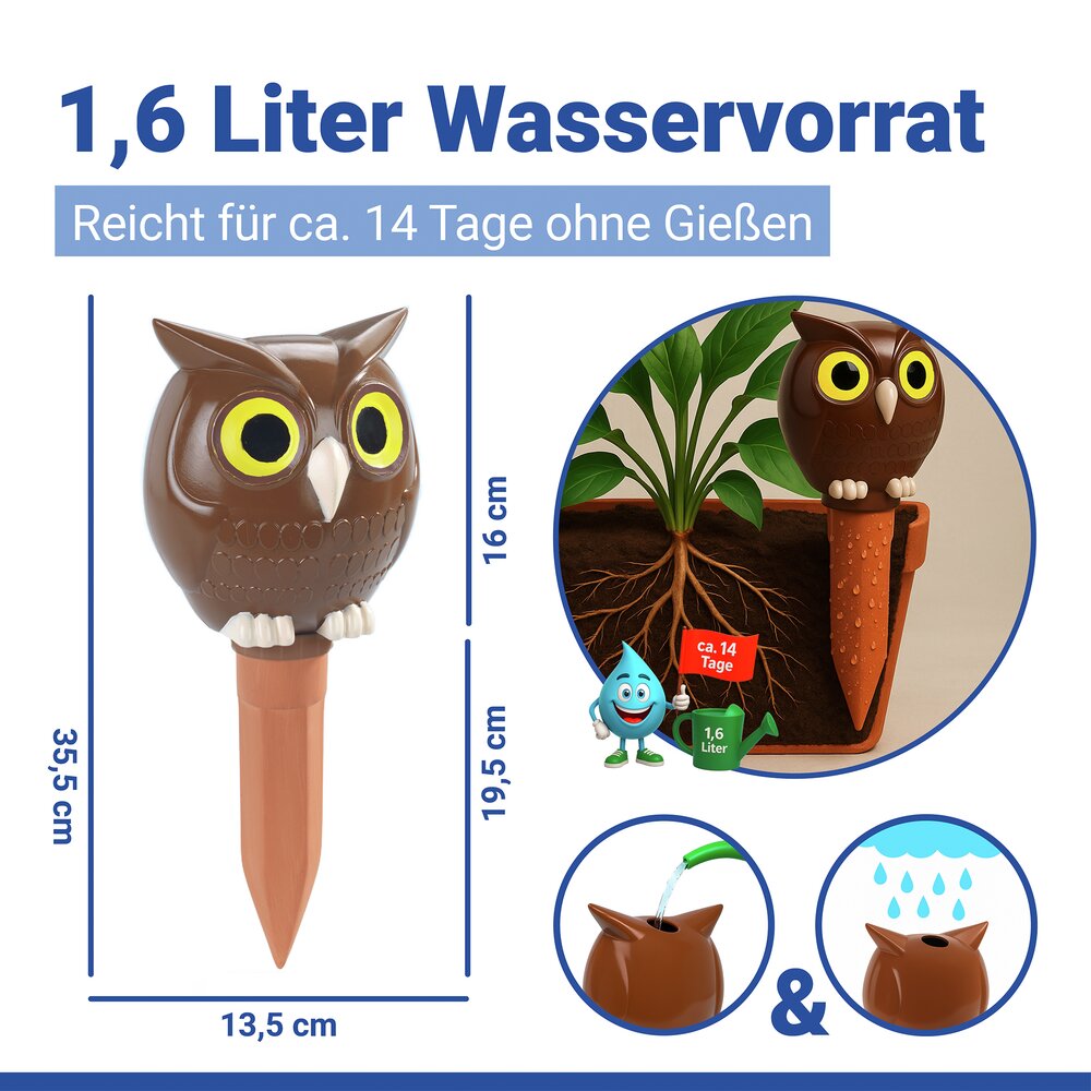 Jumbo Bewässerungsspike Eule, 1,6 l  für automatische Pflanzenbewässerung