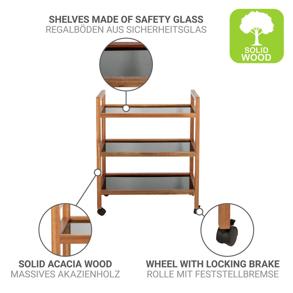 Étagère roulante mod. Fondi, 3 étages, large  en bois d'acacia