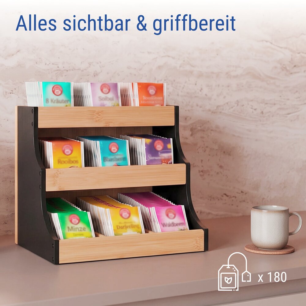 Teeregal Bambus, Schwarz  Tee Organizer für bis zu 180 Teebeutel