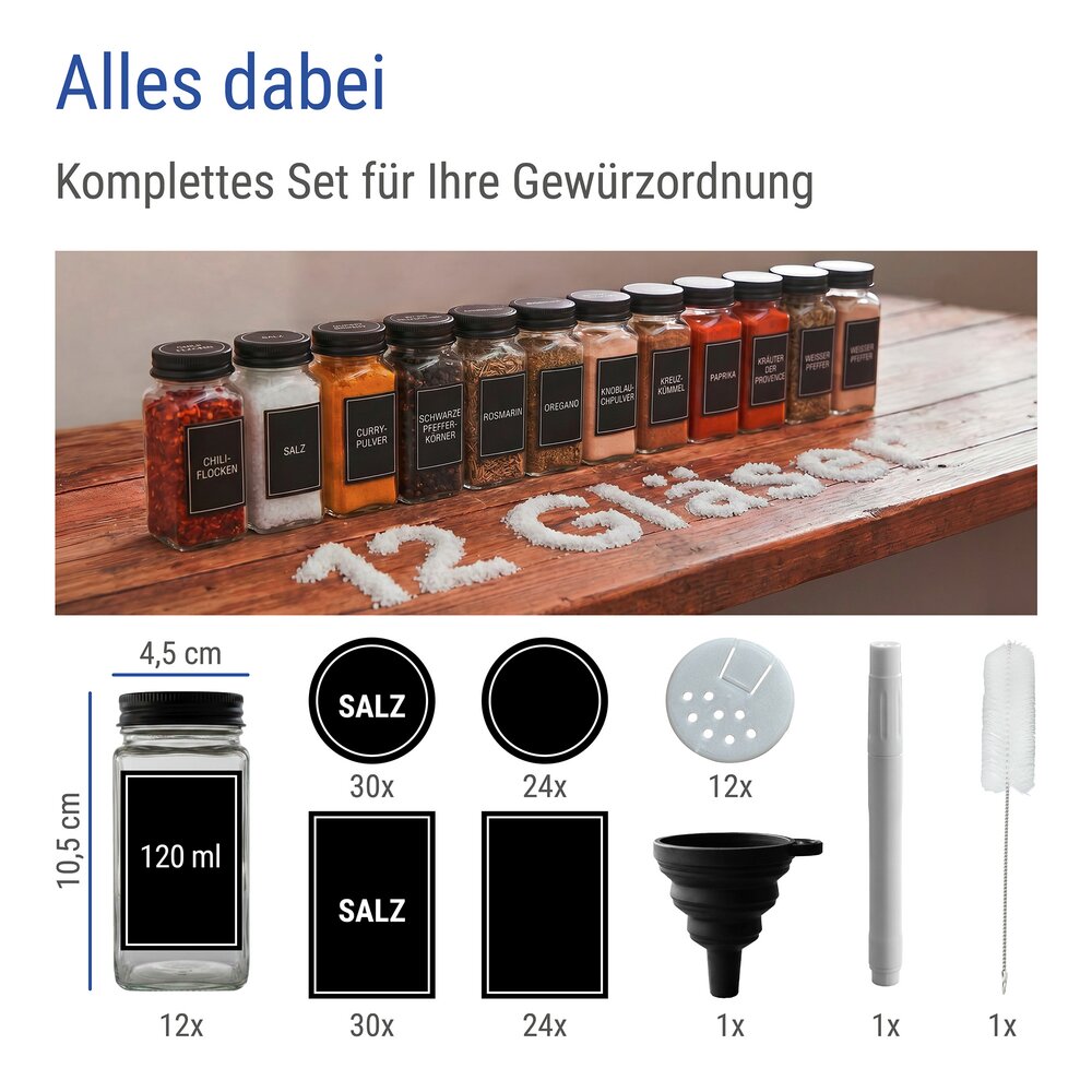 Gewürzgläser, 12er Set  mit Etiketten