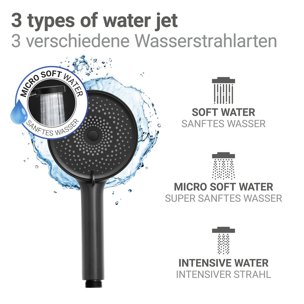 Duschkopf Mod. Softwater Ø12 cm, schwarz, ABS-Kunststoff  3 Strahlarten für Wellness-Dusche