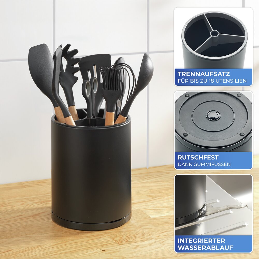 Porte-ustensiles Mod. Premium XL, Noir  pour jusqu'à 18 ustensiles de cuisine