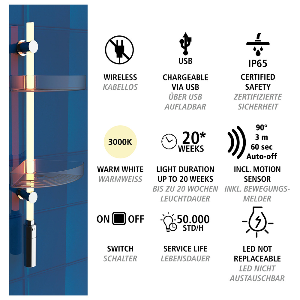 LED Duscheckregal, 74 cm  LED-Duschstange mit Bewegungsmelder und 2 Ablagen