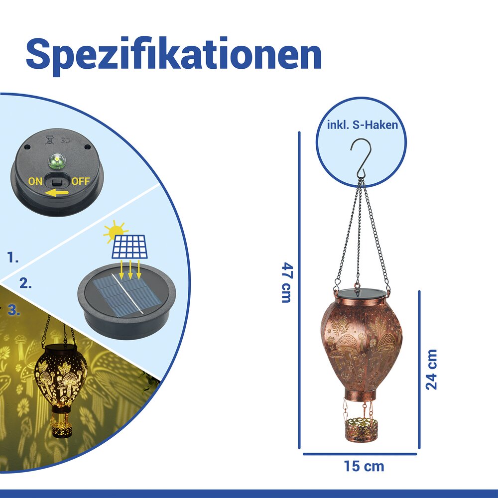 LED Solar-Heißluftballon in Bronze-Optik  mit Pilzmuster-Lichtprojektion