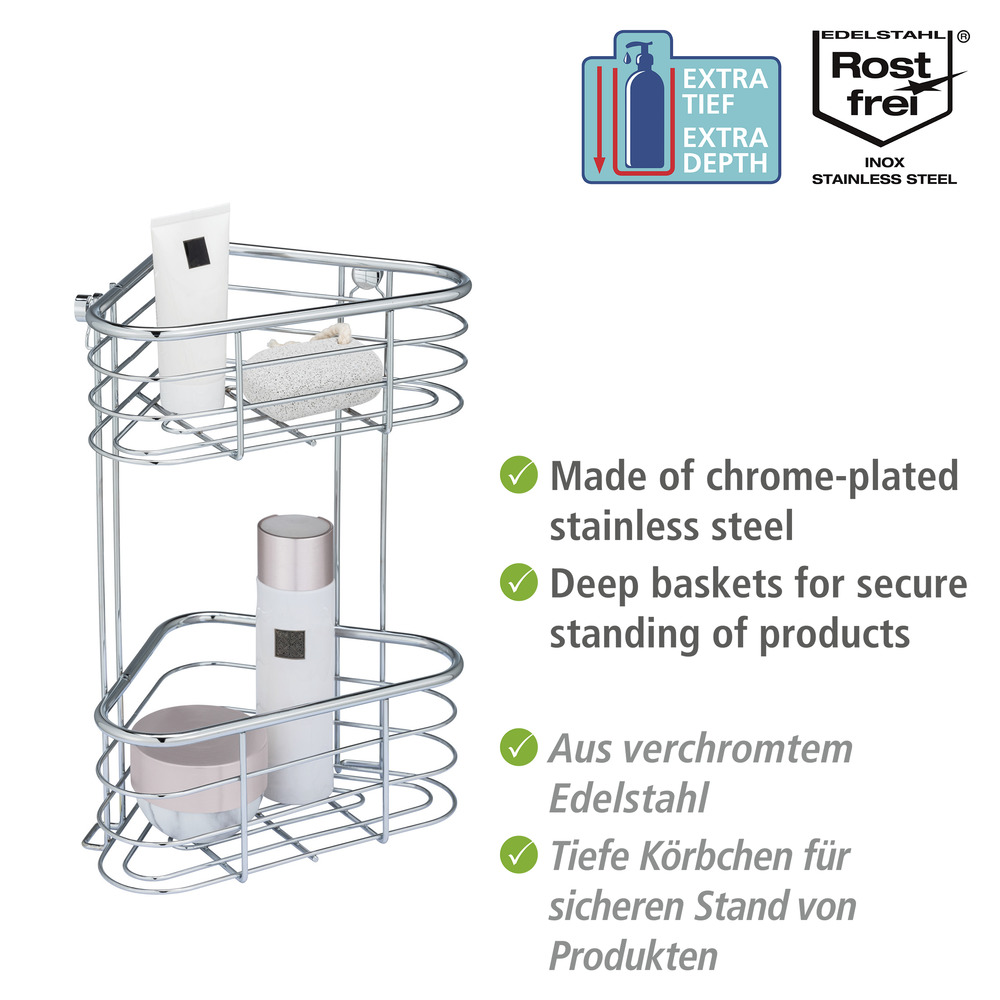 Edelstahl Eckregal Mod. Trestina 2 Etagen  Extra tiefe Körbe für Shampoo- und Duschgelflaschen