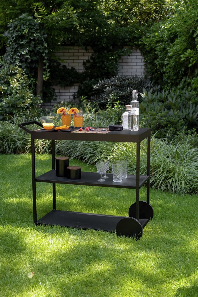 Chariot de service Mod. Miro, noir/nature, bois d'acacia, 80x98x40 cm  avec roues, idéal extérieur abrité