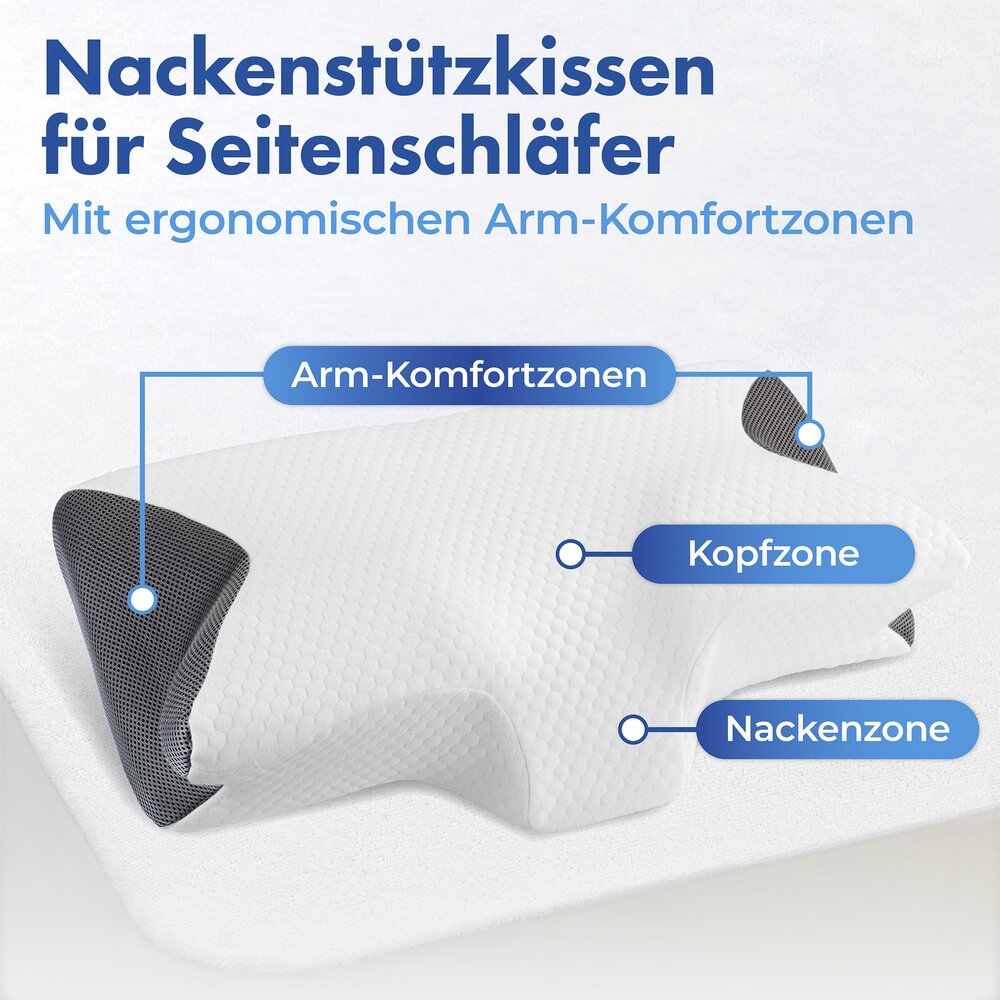 Seitenschläfer-Nackenstützkissen Mod. Visco  Seitenschläfer Kopfkissen mit Arm-Komfortzone