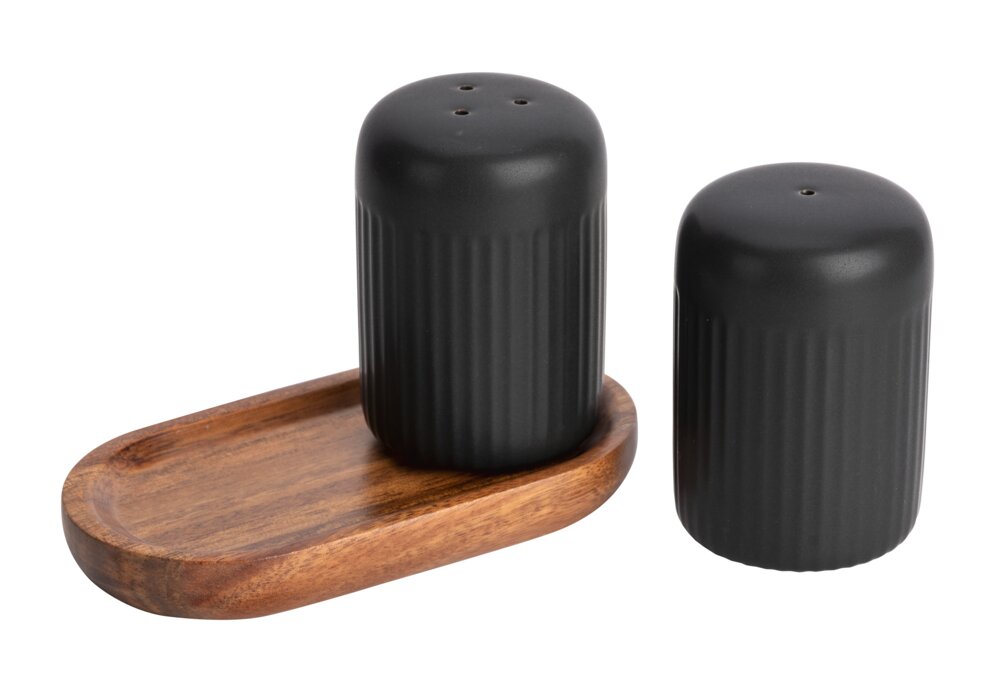 Salière et poivrière Mod. Refia, noir, céramique, bois d'acacia, 2x75ml  avec plateau en bois FSC
