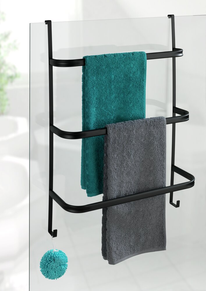 WENKO Porte serviette salle de bain, porte serviette mural sans perçage à suspendre, Irpinia, acier noir  avec 3 barres porte-serviettes