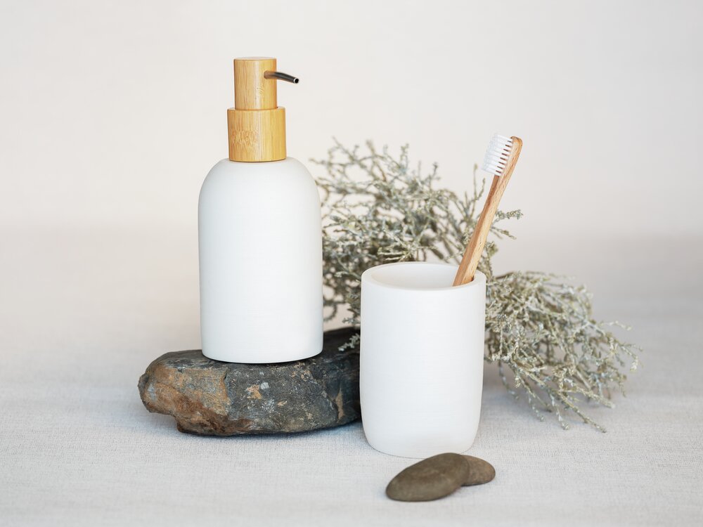 Bad-Accessoire Set Mod. Altavalle, weiß, polyresin, bambus, Ø8,5x18,5 cm  natürliche bambuselemente