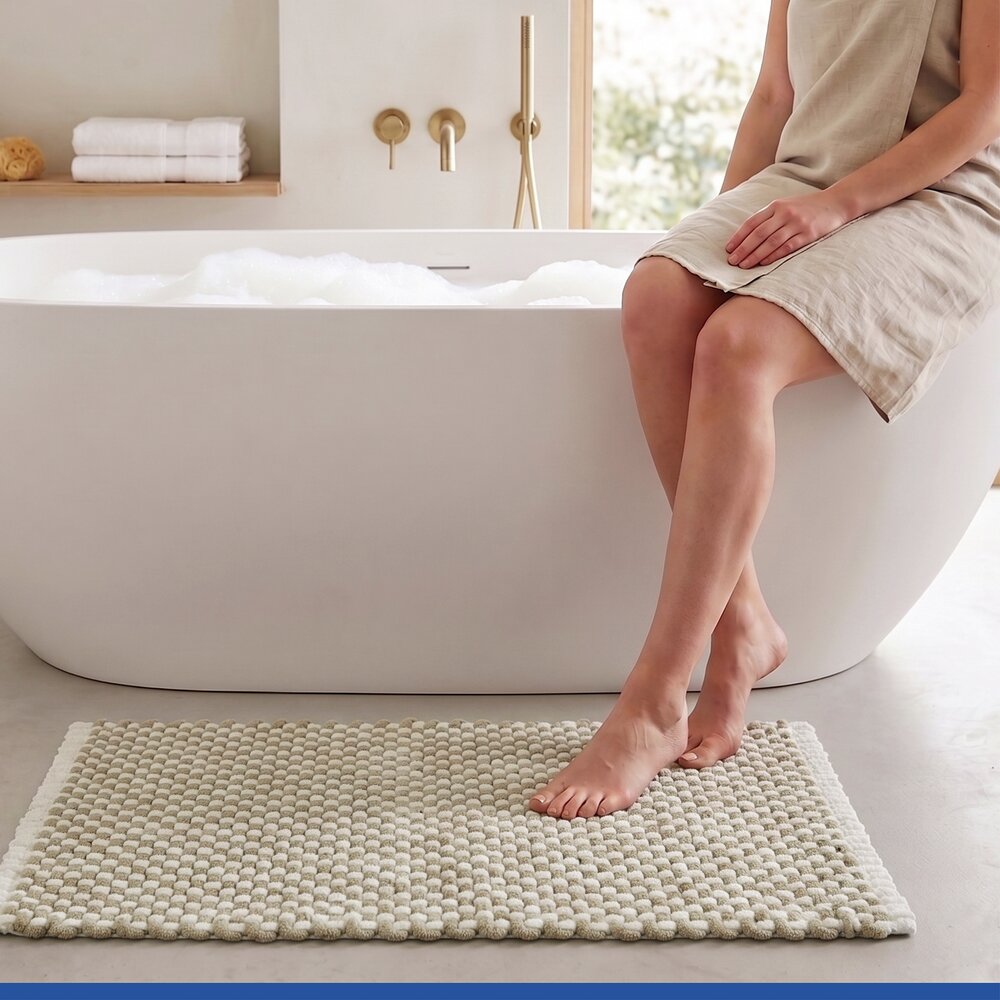 Tapis de bain Mod. Covelo blanc-beige, 50 x 80 cm  antidérapant et lavable jusqu'à 30 °C
