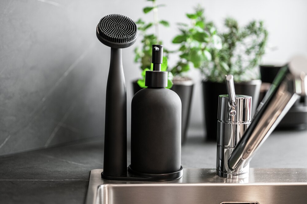Set de rinçage Mod. Piedo, noir, verre et plastique, 12x9x25 cm  brosse durable et élégante