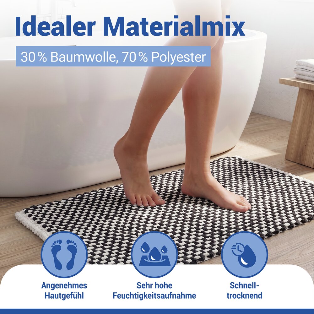 Badteppich Mod. Covelo Weiß-Anthrazit, 50 x 80 cm  rutschfest und waschbar bis 30 °C