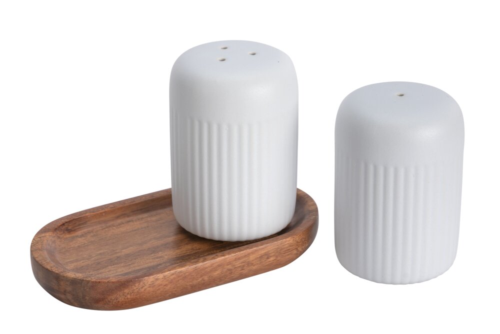 Salière et poivrière Mod. Refia, blanc, céramique, bois d'acacia, 75ml  avec plateau en acacia FSC